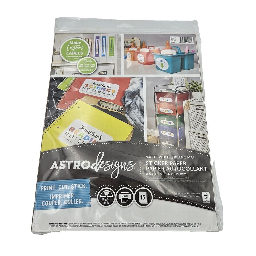 Astrodesigns Sticker Paper,‎ 8.5" x 11", 24 lb., Matte Finish, 15 Sheets, White